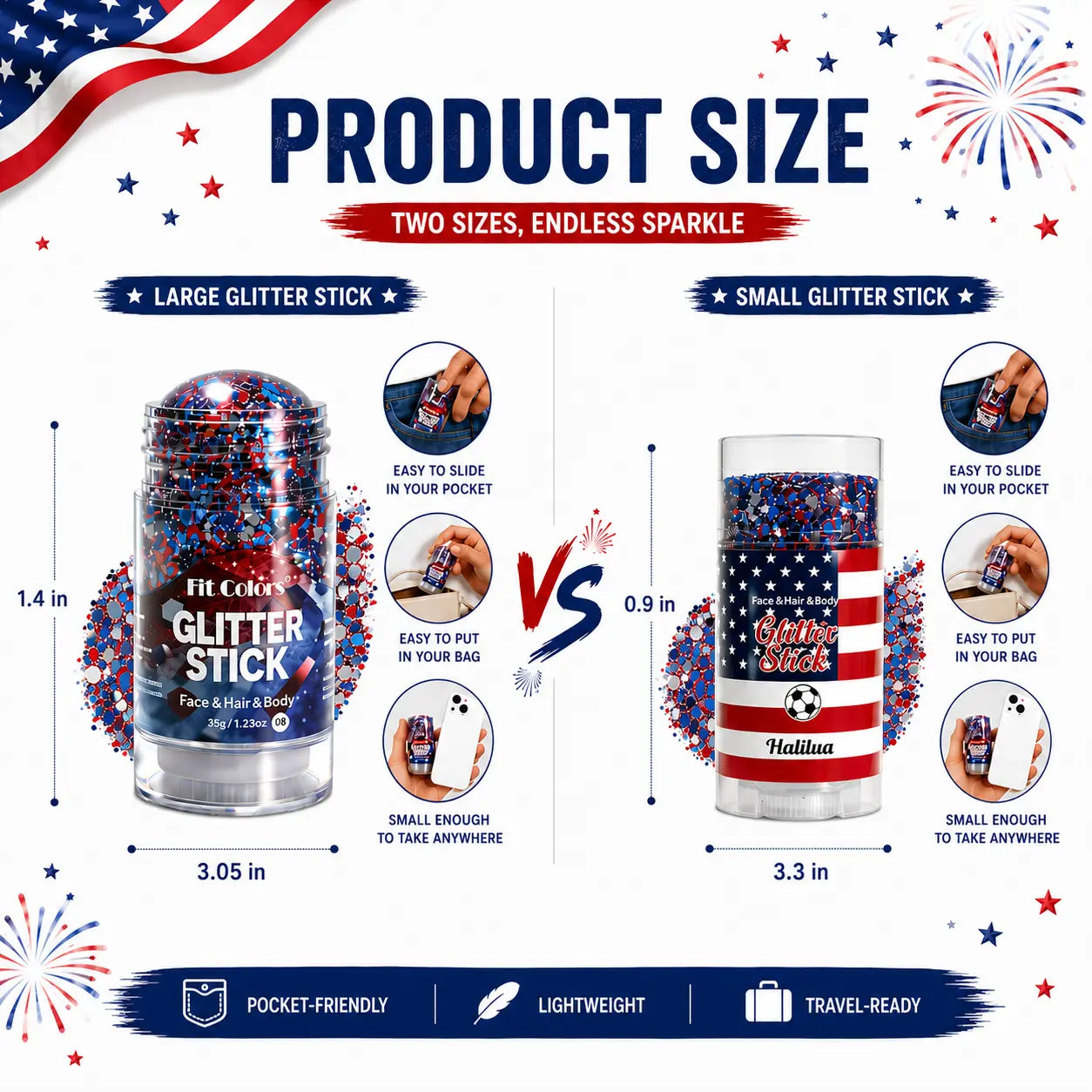 Patriotic Red, White & Blue Body Glitter Stick for 4th of July