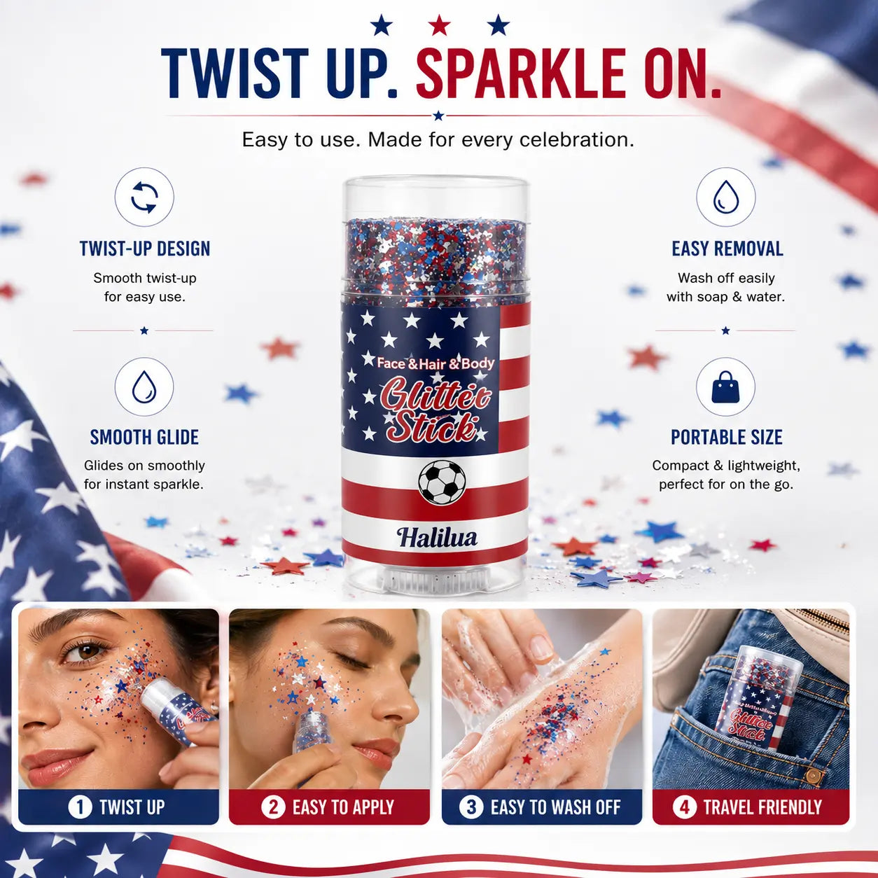 Patriotic Red, White & Blue Body Glitter Stick for 4th of July