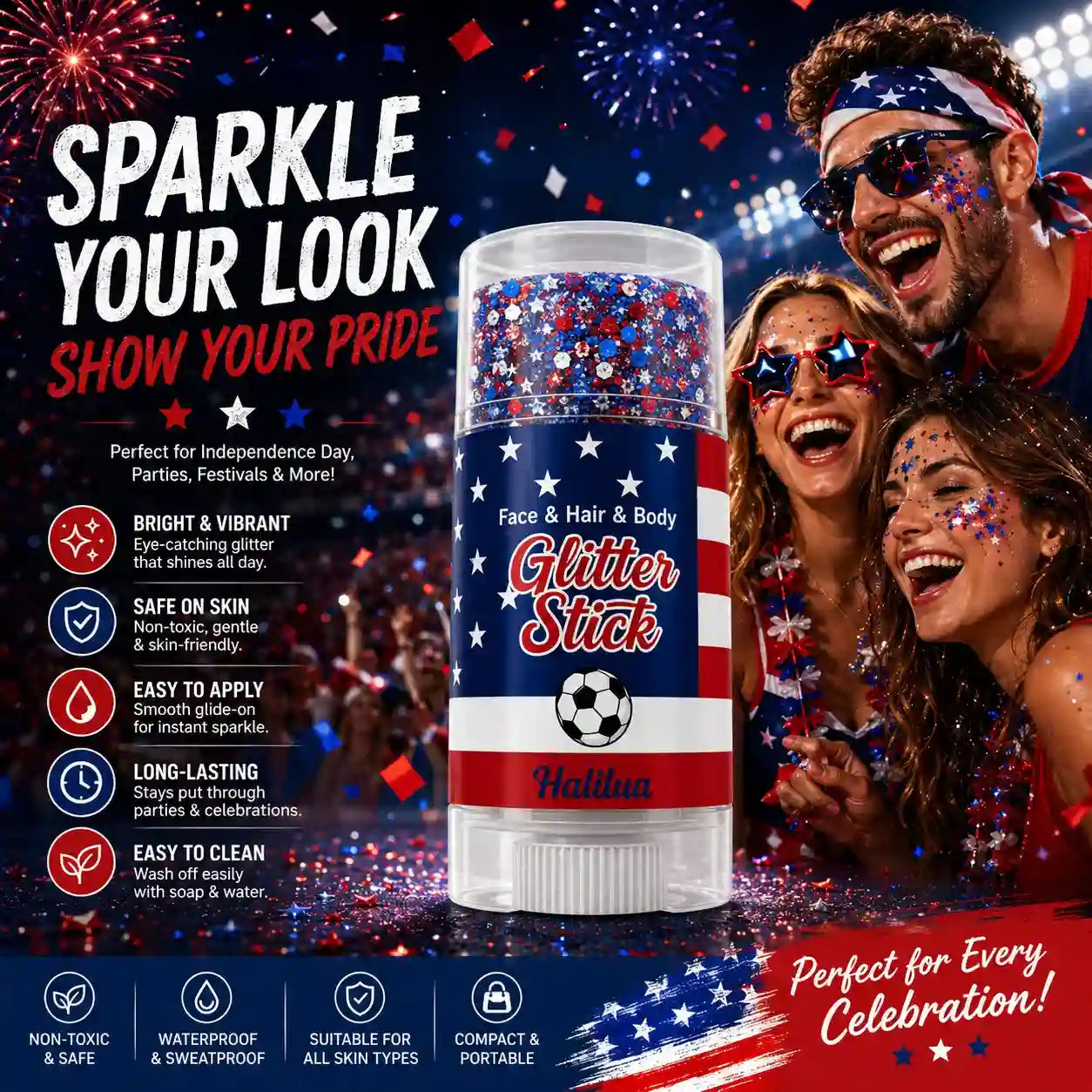 Vibrant 4th of July Face & Body Glitter Stick