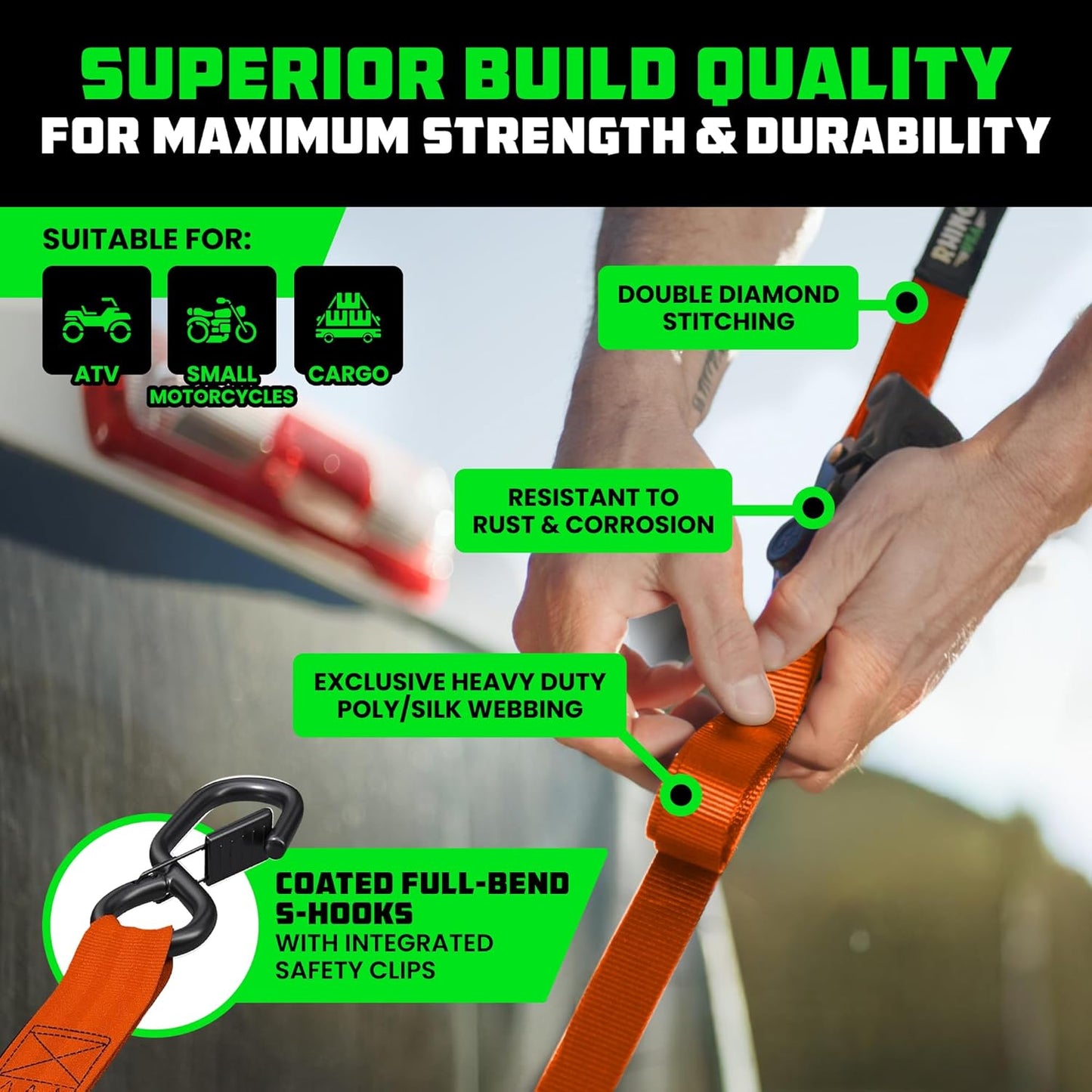 1" x 10' Retractable Ratchet Straps- Medium Duty Self Retracting Tie Down Straps for Truck, Cargo Trailer