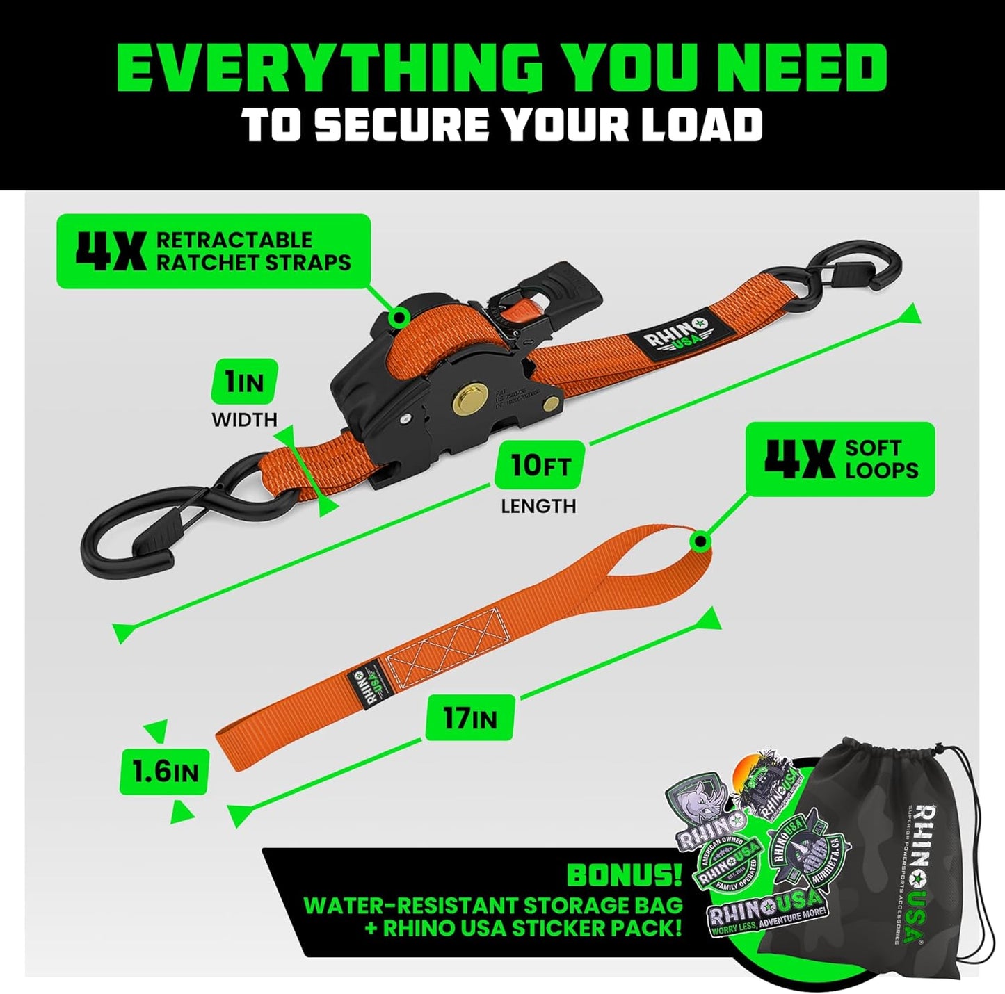 1" x 10' Retractable Ratchet Straps- Medium Duty Self Retracting Tie Down Straps for Truck, Cargo Trailer
