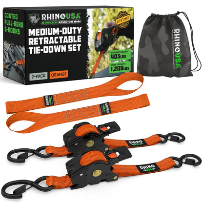 1" x 10' Retractable Ratchet Straps- Medium Duty Self Retracting Tie Down Straps for Truck, Cargo Trailer