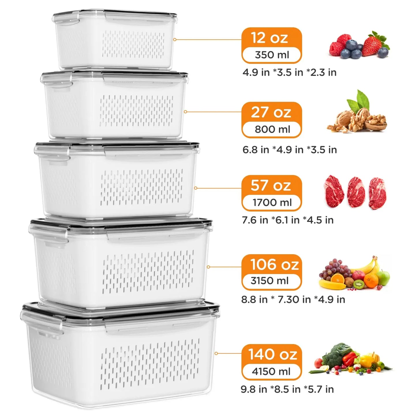 Produce Saver Containers with Removable Colanders