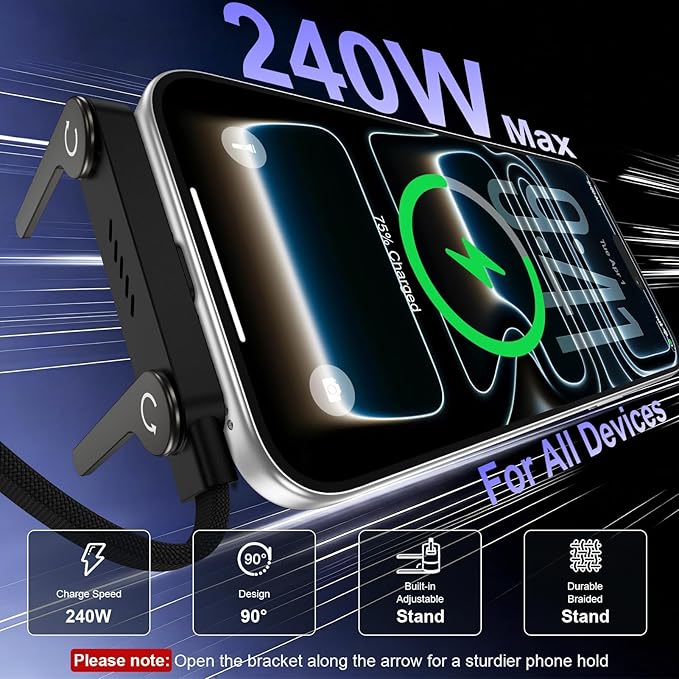 240W Ultra-Fast Charging Cable with Integrated Invisible Phone Stand