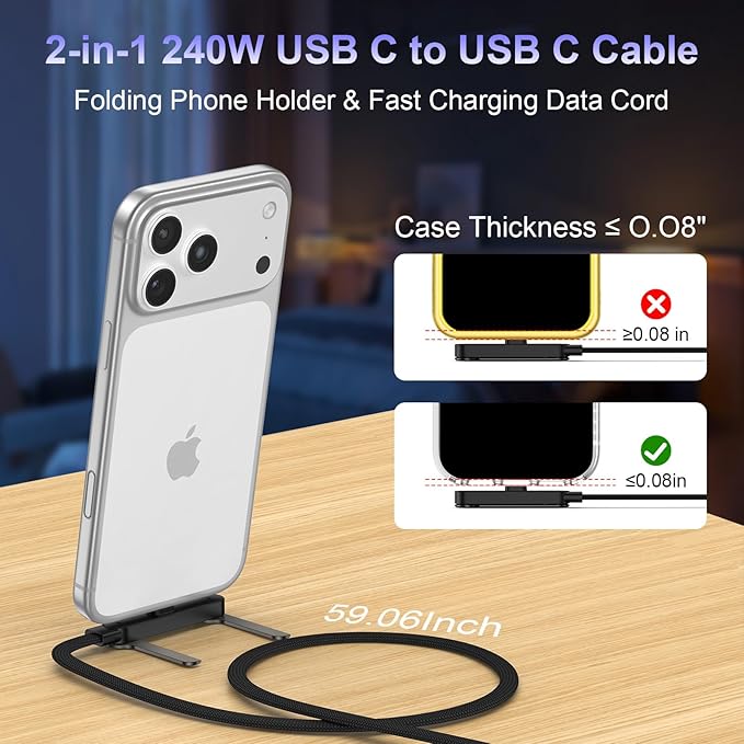 240W Ultra-Fast Charging Cable with Integrated Invisible Phone Stand
