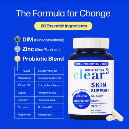 Clear Skin Acne Supplement with Zinc, DIM & Probiotics