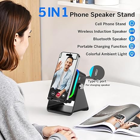 5-in-1 Smart Induction Speaker Stand with 3500mAh Power Bank & Ambient Light