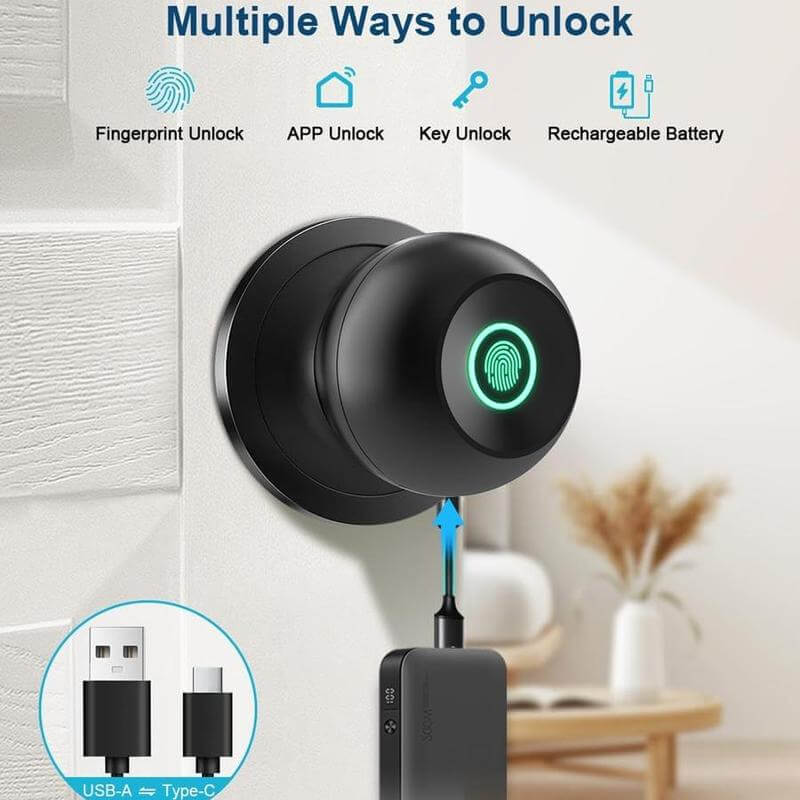3-in-1 Keyless Entry Smart Fingerprint Door Knob with App Control
