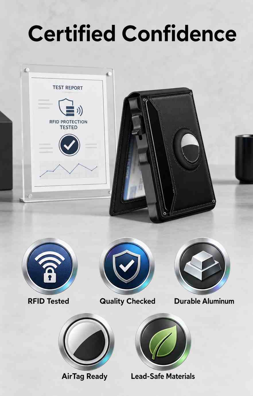 Certified Confidence - RFID Tested, Quality Checked, Durable Aluminum, AirTag Ready, Lead-Safe Materials